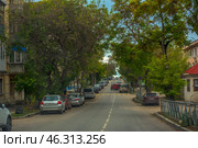 Atmosphere of one of the streets of Sevastopol. The road stretches upwards, to the horizon, beyond which the sea can be seen. On both sides of the street grow trees with green and yellowed leaves, creating a natural arch above the road. Along the edges of the road are parked cars, among which you can see cars and SUVs. Along the sidewalks are installed metal fences, and on the corner of the building with a red roof you can see a sign.Old residential buildings with balconies and air conditioners are noticeable, which emphasizes the local urban style. Road signs warn of restrictions, and a pedestrian crossing leads to the opposite side of the street. In the distance on the horizon you can feel the sea air, typical of a seaside city. (2021 год). Редакционное фото, фотограф Анна Кривицкая / Фотобанк Лори