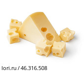 Piece and cubes of Swiss cheese on white background. Стоковое фото, фотограф Pixel_shot / Фотобанк Лори