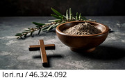 Religion, faith, liturgy, Ash Wednesday. Great lent. A wooden cross, a ceremonial bowl made of ash and an olive branch on a gray background. Стоковое AI-изображение, AI-художник Photojuli / Фотобанк Лори