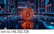 Монета биткоина на фоне графиков фондового рынка. Стоковое AI-изображение, AI-художник Anna Leeva / Фотобанк Лори
