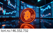 Монета биткоина на фоне графиков фондового рынка. Стоковое AI-изображение, AI-художник Anna Leeva / Фотобанк Лори