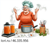 Старая дружелюбная бабушка готовит вкусный суп в своей уютной кухне. Стоковое AI-изображение, AI-художник Сергей Милянчиков / Фотобанк Лори