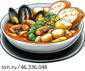 Вкусный суп из морепродуктов с креветками, мидиями и хрустящим хлебом. Стоковое AI-изображение, AI-художник Сергей Милянчиков / Фотобанк Лори