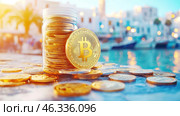 Солнечная тропа к биткойну на живописном побережье. Стоковое AI-изображение, AI-художник Сергей Милянчиков / Фотобанк Лори