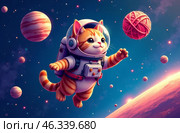 An orange tabby cat wearing a spacesuit floats among the planets and stars, reaching for a ball of yarn in space. Стоковое AI-изображение, AI-художник Алёна Золотухина / Фотобанк Лори