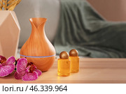 Aroma oil diffuser with bottles on table in room. Стоковое фото, фотограф Pixel_shot / Фотобанк Лори