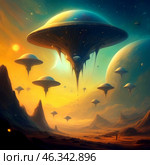 Иллюстрация инопланетных кораблей. Стоковое AI-изображение, AI-художник ольга скальская / Фотобанк Лори