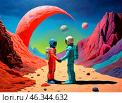 Иллюстрация космонавтов на неизвестной планете. Стоковое AI-изображение, AI-художник ольга скальская / Фотобанк Лори