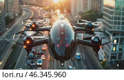 A quadcopter taxi is flying over the city. The world of the future and technology. Concept of future transportation. AI-generated item. Стоковое AI-видео, аниматор Алексей Кузнецов / Фотобанк Лори