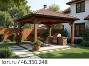 Gazebo with barbecue area in the courtyard of the house with barbecue, stove, table, roof. AI generated. Стоковое AI-изображение, AI-художник Ольга Симонова / Фотобанк Лори