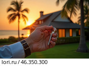 Realtor's hand with keys to house for beach holiday in hot tropics with palm trees. Hotel reservations, booking, moving to new house, mortgage, rent and purchase of real estate. AI generated. Стоковое AI-изображение, AI-художник Ольга Симонова / Фотобанк Лори