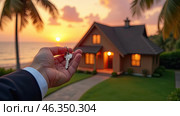 Realtor's hand with keys to house for beach holiday in hot tropics with palm trees. Hotel reservations, booking, moving to new house, mortgage, rent and purchase of real estate. AI generated. Стоковое AI-изображение, AI-художник Ольга Симонова / Фотобанк Лори