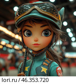A young girl in a stylized anime art style with big expressive blue eyes and cute freckles. She is dressed in professional jockey gear - a protective helmet with glasses, decorated with metal elements, and a tight suit with patches in the form of stars and logos. The girl looks confident and collected, her gaze is directed forward. The background is slightly blurred, but the atmosphere of an equestrian arena is guessed, with bright lights and silhouettes of horses. The combination of a detailed costume, realistic lighting and animation elements creates a unique artistic image. Стоковое AI-изображение, AI-художник Анна Кривицкая / Фотобанк Лори