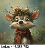 A charming fantasy fawn with big shiny eyes and a good-natured smile. Its fur is fluffy and warm, its ears are large and expressive. On its head it has small branched antlers, decorated with an autumn wreath of berries, leaves and flowers. A cozy red patterned scarf is tied around its neck, creating a feeling of warmth and coziness. The background is made in soft natural tones - green-blue haze with elements of foliage and autumn plants. The illustration is made in the style of fantasy painting with an emphasis on cute and fabulous details. Стоковое AI-изображение, AI-художник Анна Кривицкая / Фотобанк Лори