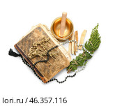 Tibetan singing bowl, old book, herbs and Palo Santo on white background. Стоковое фото, фотограф Pixel_shot / Фотобанк Лори