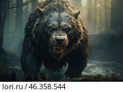 A dramatic and dark image of a huge predatory beast, resembling a cross between a bear and a wolf, in the wild. Its fur is wet and ruffled, its eyes glow with a bright yellow light, and sharp fangs covered in saliva can be seen protruding from its mouth. The beast stands in a menacing pose, crouched low, ready to attack. The background is a dense, misty forest with a dark atmosphere, emphasizing the danger and primal power of the creature. It looks like a scene from a dark fantasy or mythology, creating a sense of tension, fear, and wild power. Стоковое AI-изображение, AI-художник Анна Кривицкая / Фотобанк Лори