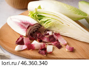 Wooden board with fresh ripe endive on light background, closeup. Стоковое фото, фотограф Pixel_shot / Фотобанк Лори