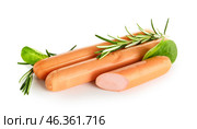 Tasty sausages with rosemary on white background. Стоковое фото, фотограф Pixel_shot / Фотобанк Лори
