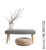 Vase with tree branches, soft bench and pouf on white background. Стоковое фото, фотограф Pixel_shot / Фотобанк Лори