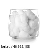 Glass jar of cotton balls on white background. Стоковое фото, фотограф Pixel_shot / Фотобанк Лори