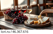 Wooden table of a seaside cafe with glasses of red and white wine, bunches of grapes and a plate of cheese. Стоковое AI-изображение, AI-художник Iva Noel / Фотобанк Лори