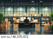 Человек работает в офисном помещении за большими мониторами. Полки заставлены коробками и ящиками. Пункт выдачи заказов, склад. Стоковое AI-изображение, AI-художник Щеголева Ольга / Фотобанк Лори