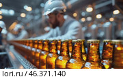 Conveyor with beer bottles at the brewery, a worker in a helmet controls the process. Ai generated. Стоковое AI-видео, аниматор Алексей Кузнецов / Фотобанк Лори