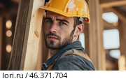 Construction Worker Young Man Carrying Wood Beam. Builder Working On Wooden House Frame. Wood built. Builder constructing roof structure. Carpenter building house construction. Heavy Labor. Industrial. Стоковое AI-видео, аниматор Марина Демидюк / Фотобанк Лори