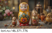 Colorful Nesting Dolls Showcase Traditional Craftsmanship in a Quaint Setting With Floral Accents. Стоковое AI-видео, аниматор Оксана Медведева / Фотобанк Лори