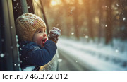 Happy Boy tasting snow through car window during snowfall. Child on a road trip. Little toddler is looking out from auto, opened his mouth, pulled out his tongue, catches snowflakes. Winter fun games. Стоковое AI-видео, аниматор Марина Демидюк / Фотобанк Лори