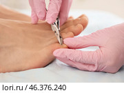 Beautician cutting cuticle off feet of young man on couch in spa salon, closeup. Стоковое фото, фотограф Pixel_shot / Фотобанк Лори
