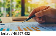 Person Holding a Pen Pointing Colorful Financial Charts, Analysis, Business Activities. Professional is Analyzing a Bar Graph, Data Trends, Report. Businessman Analyzing Document. Growth. Investment. Стоковое AI-видео, аниматор Марина Демидюк / Фотобанк Лори