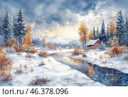 A winter village scene, done in watercolor. A snow-covered river meanders gently through a snowy landscape, reflecting the sky with a soft winter light. Tall pine trees and trees with golden autumn leaves grow along the banks, creating a warm contrast with the whiteness of the snow. In the distance, snow-capped mountains and several cozy wooden houses with snow-covered roofs are visible. Fluffy snowflakes float above all this, adding an atmosphere of peace and comfort. Стоковое AI-изображение, AI-художник Анна Кривицкая / Фотобанк Лори