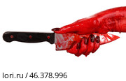 Hand with bloodstained knife on white background. Стоковое фото, фотограф Pixel_shot / Фотобанк Лори