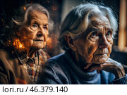Minimalism. Portrait of an old elderly woman, a pensioner, a concept of the life of the elderly, health, loneliness and memory loss. Стоковое AI-изображение, AI-художник Photojuli / Фотобанк Лори