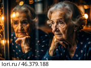 Minimalism. Portrait of an old elderly woman, a pensioner, a concept of the life of the elderly, health, loneliness and memory loss. Стоковое AI-изображение, AI-художник Photojuli / Фотобанк Лори