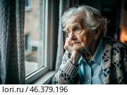 Minimalism. Portrait of an old elderly woman, a pensioner, a concept of the life of the elderly, health, loneliness and memory loss. Стоковое AI-изображение, AI-художник Photojuli / Фотобанк Лори