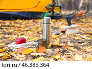 Tourist's thermos, metal mug, rope and apples near camp in autumn forest. Стоковое фото, фотограф Pixel_shot / Фотобанк Лори