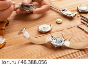 Clockmaker repairing broken watch at table, closeup. Стоковое фото, фотограф Pixel_shot / Фотобанк Лори