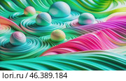 Colorful Swirling Waves and Floating Spheres Create an Intriguing Visual Symphony of Shapes and Hues in a Vibrant Abstract Landscape. Стоковое AI-видео, аниматор Оксана Медведева / Фотобанк Лори