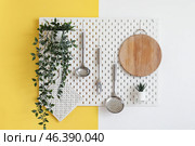 White pegboard with cutting board, houseplants and utensils hanging on color wall. Стоковое фото, фотограф Pixel_shot / Фотобанк Лори