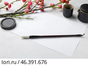 Composition with blank sheet of paper, ink, brush, cup of tea and blooming branch on light background. International Haiku Poetry Day. Стоковое фото, фотограф Pixel_shot / Фотобанк Лори