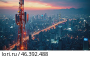 City at night with a tall tower in the background. Стоковое AI-видео, аниматор Sergey Grishin / Фотобанк Лори