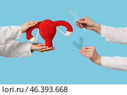 Doctor's hands with female uterus and pap test tools on blue background. Стоковое фото, фотограф Pixel_shot / Фотобанк Лори
