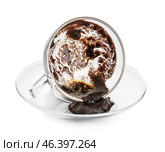 Cup with spent coffee grounds for fortune telling on white background. Стоковое фото, фотограф Pixel_shot / Фотобанк Лори