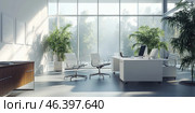 Modern office space with large windows that allow you to see the greenery outside. White and light colors dominate the interior. The room has several stylish armchairs, an office desk with two computers, and several green plants. The light and minimalist style makes the space pleasant and calm for work. Стоковое AI-изображение, AI-художник Анна Кривицкая / Фотобанк Лори