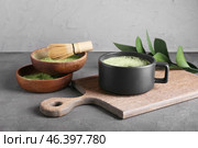 Composition with cup of matcha tea and powder on dark background. Стоковое фото, фотограф Pixel_shot / Фотобанк Лори