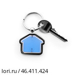 Key with trinket in shape of house on white background. Стоковое фото, фотограф Pixel_shot / Фотобанк Лори