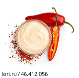 Bowl of tasty chipotle sauce and fresh jalapeno peppers on white background. Стоковое фото, фотограф Pixel_shot / Фотобанк Лори