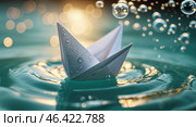 Paper boat gently bobbing on serene water while bubbles rise in soft evening light. Стоковое AI-изображение, AI-художник Сергей Толмачёв / Фотобанк Лори